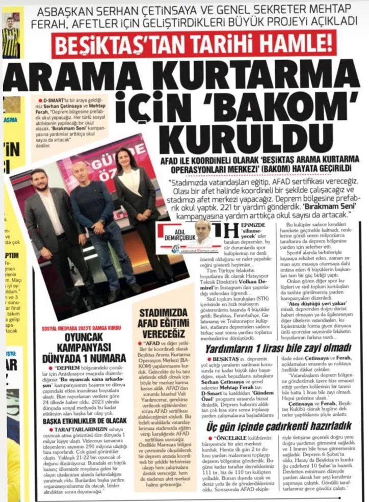 Gazete kupürü. Üst başlık: “Asbaşkan Serhan Çetinsaya ve Genel Sekreter Mehtap Ferah, afetler için geliştirdikleri büyük projeyi açıkladı.” Manşet: “Beşiktaş’tan tarihi hamle! Arama kurtarma için BAKOM kuruldu.”